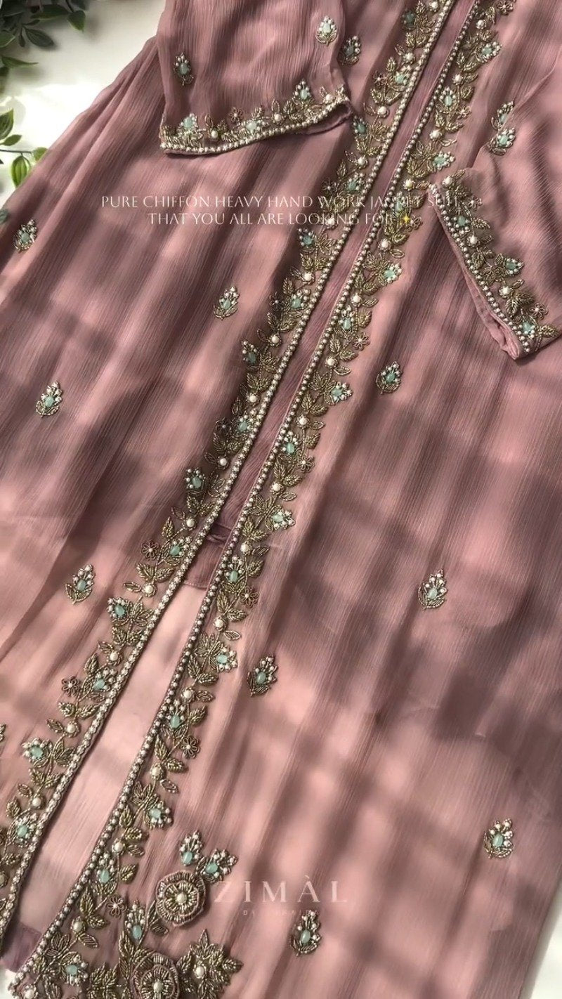 Ethereal Chiffon Hand-Embroidered Jacket Suit – Available in Sage Green & Dusty Mauve