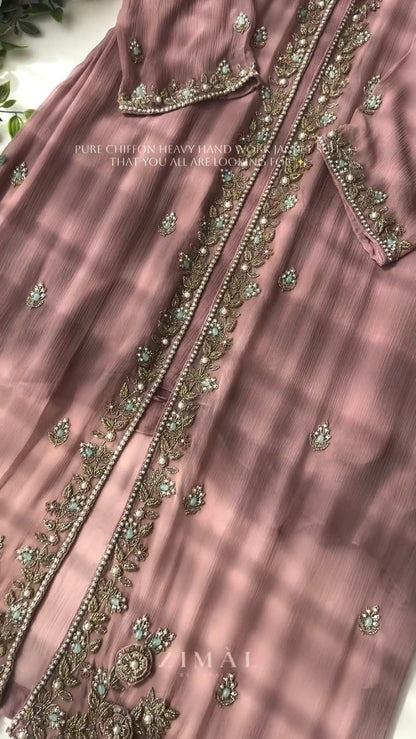 Ethereal Chiffon Hand-Embroidered Jacket Suit – Available in Sage Green & Dusty Mauve