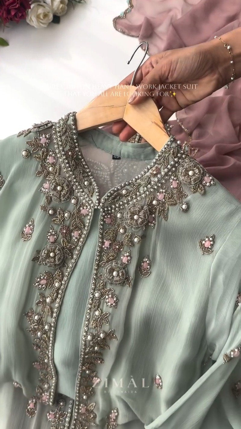 Ethereal Chiffon Hand-Embroidered Jacket Suit – Available in Sage Green & Dusty Mauve