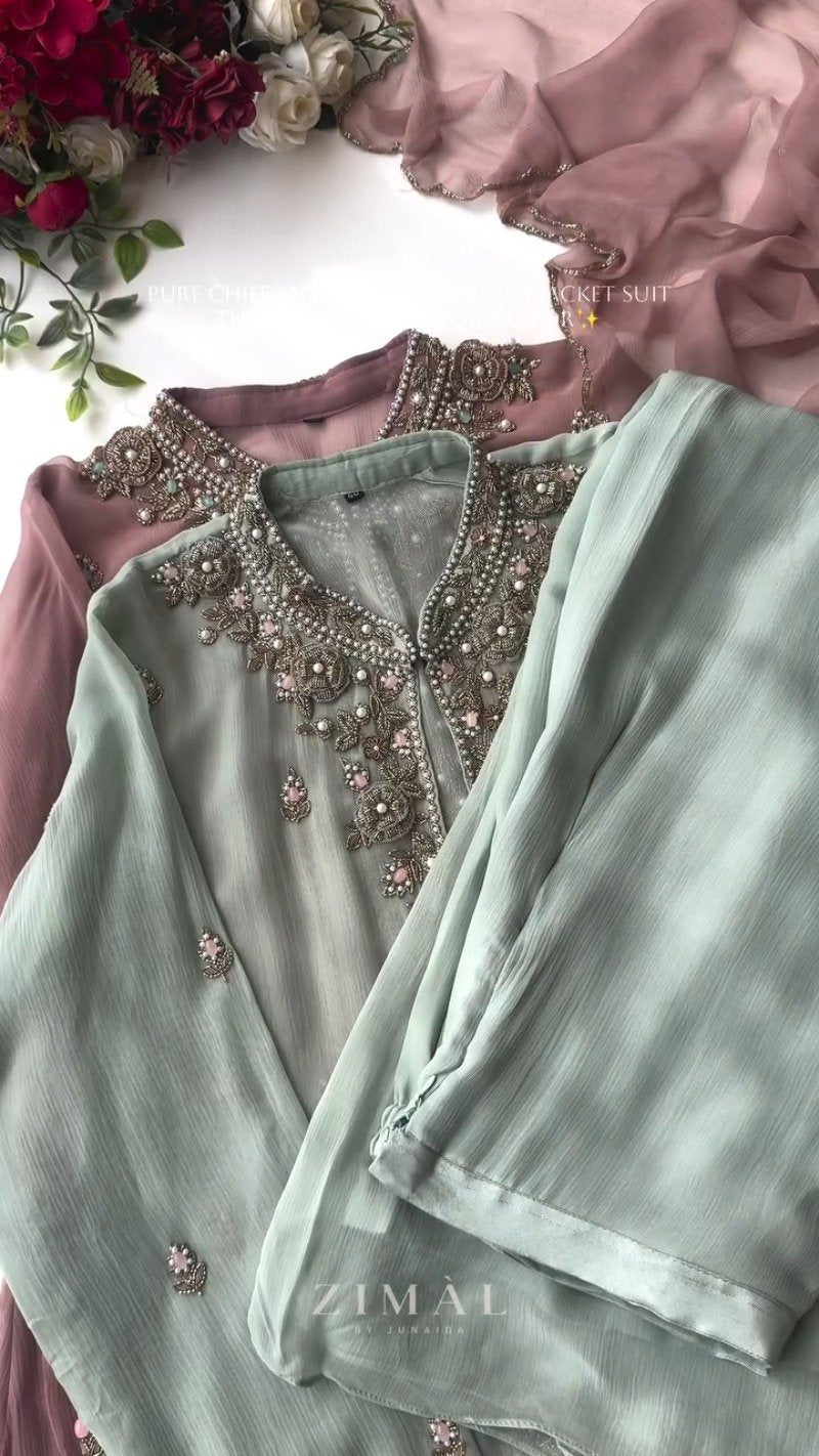 Ethereal Chiffon Hand-Embroidered Jacket Suit – Available in Sage Green & Dusty Mauve