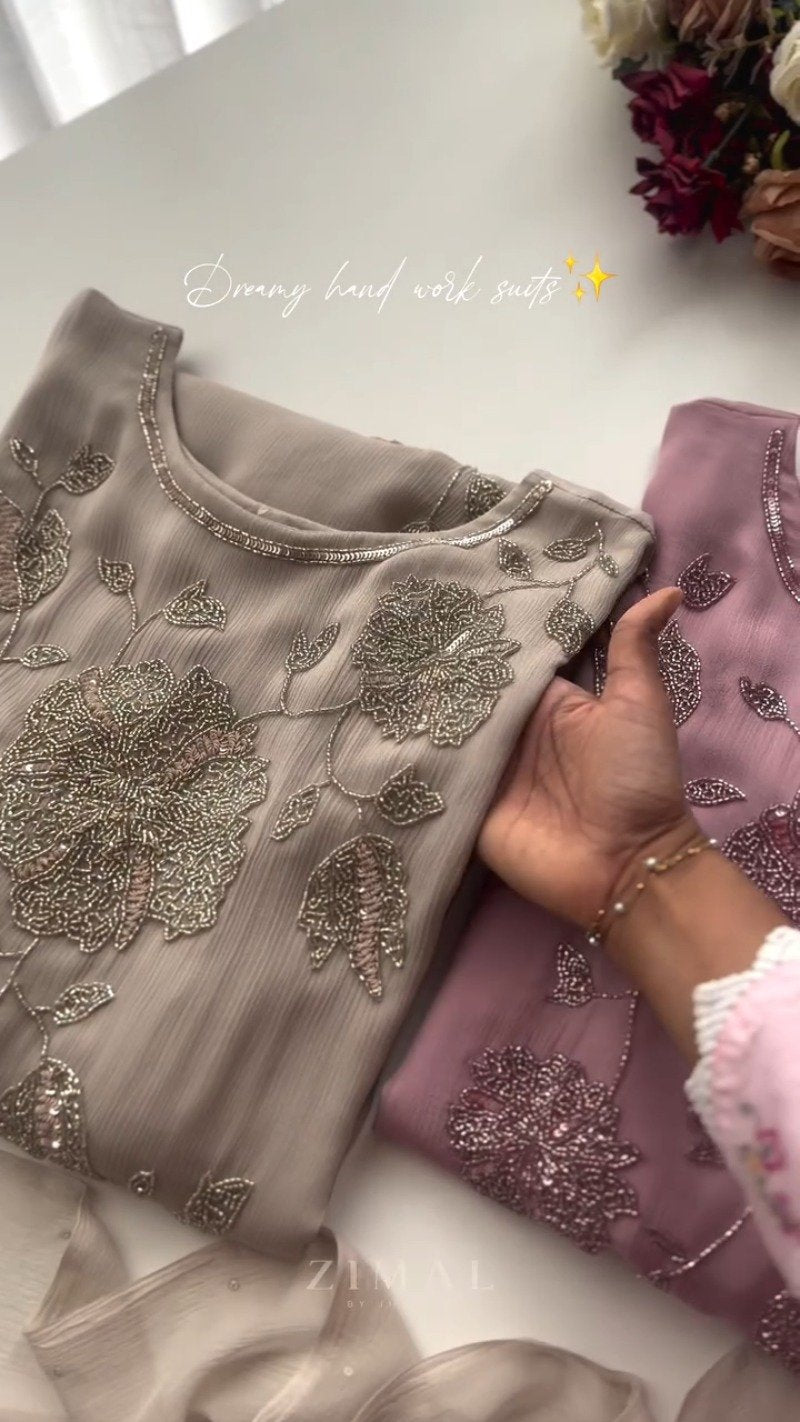Exquisite Hand-Embellished Floral Motif Kurta Set – Available in Dusty Rose & Sophisticated Taupe