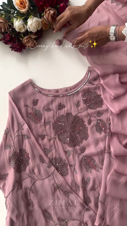 Exquisite Hand-Embellished Floral Motif Kurta Set – Available in Dusty Rose & Sophisticated Taupe