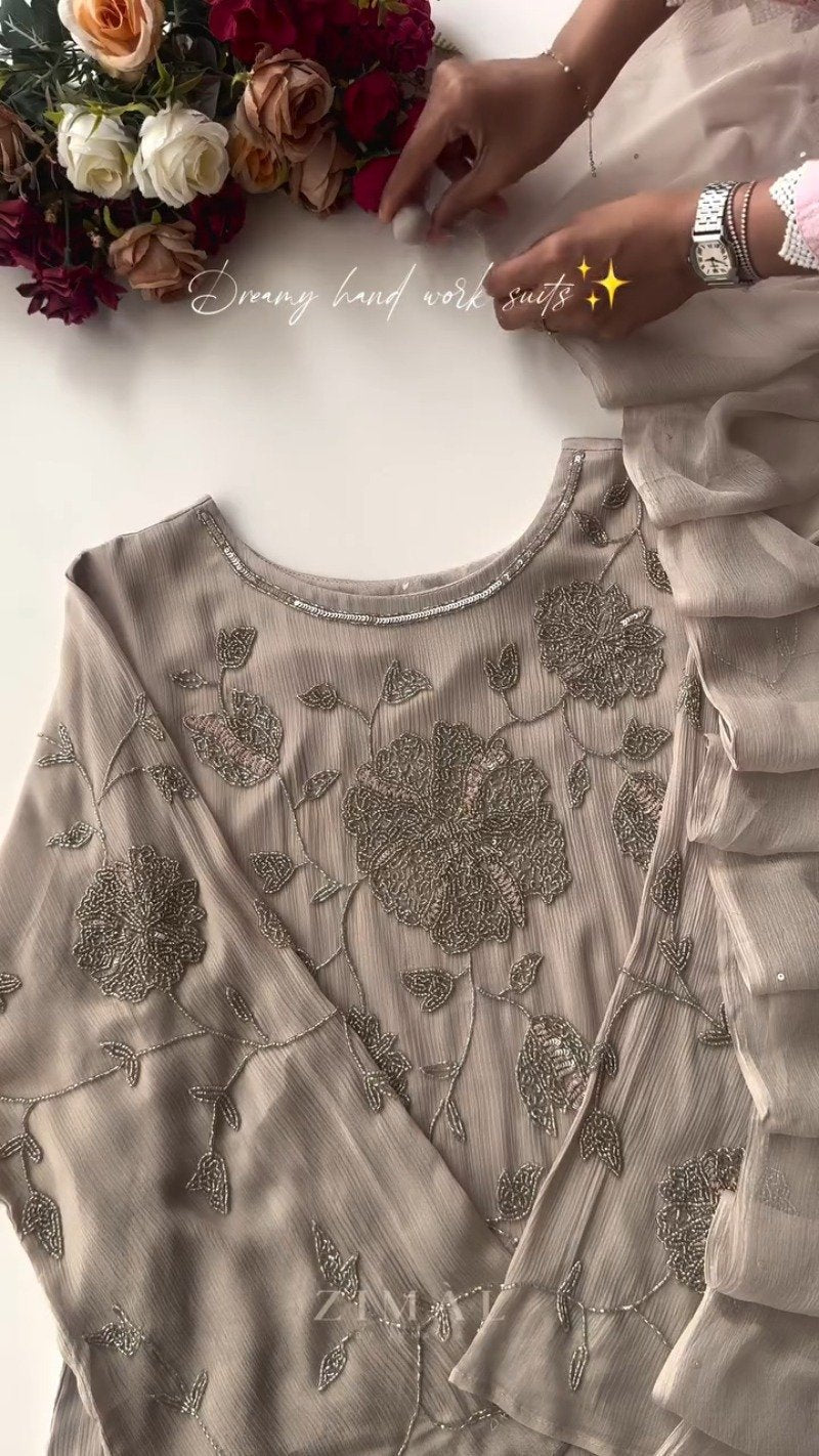 Exquisite Hand-Embellished Floral Motif Kurta Set – Available in Dusty Rose & Sophisticated Taupe
