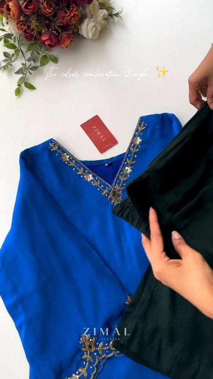 Royal Blue Embellished Kurta Ensemble with Contrast Stole – Available in Royal Blue & Forest Green