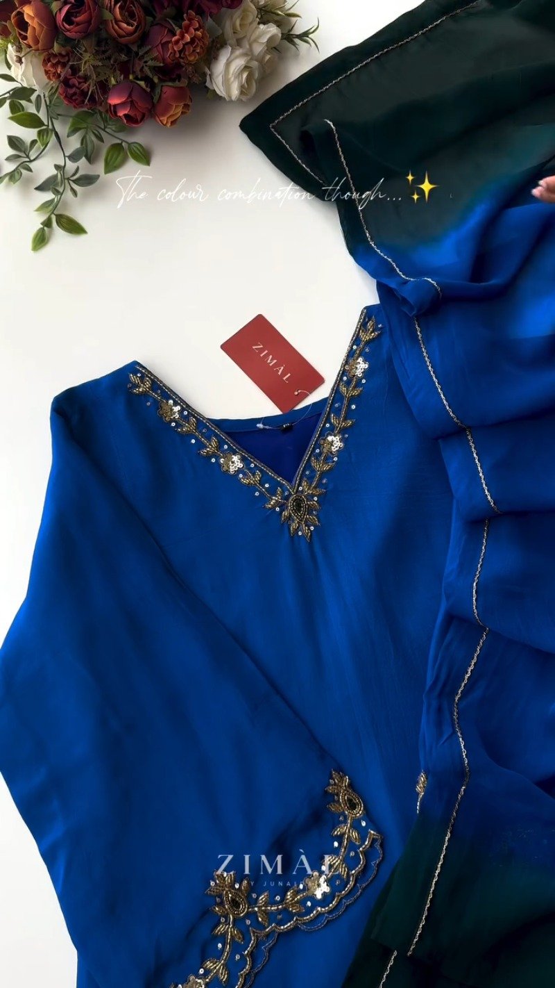 Royal Blue Embellished Kurta Ensemble with Contrast Stole – Available in Royal Blue & Forest Green