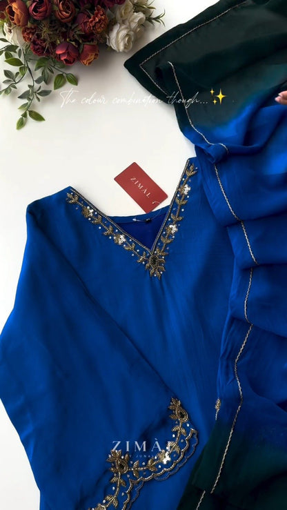 Royal Blue Embellished Kurta Ensemble with Contrast Stole – Available in Royal Blue & Forest Green