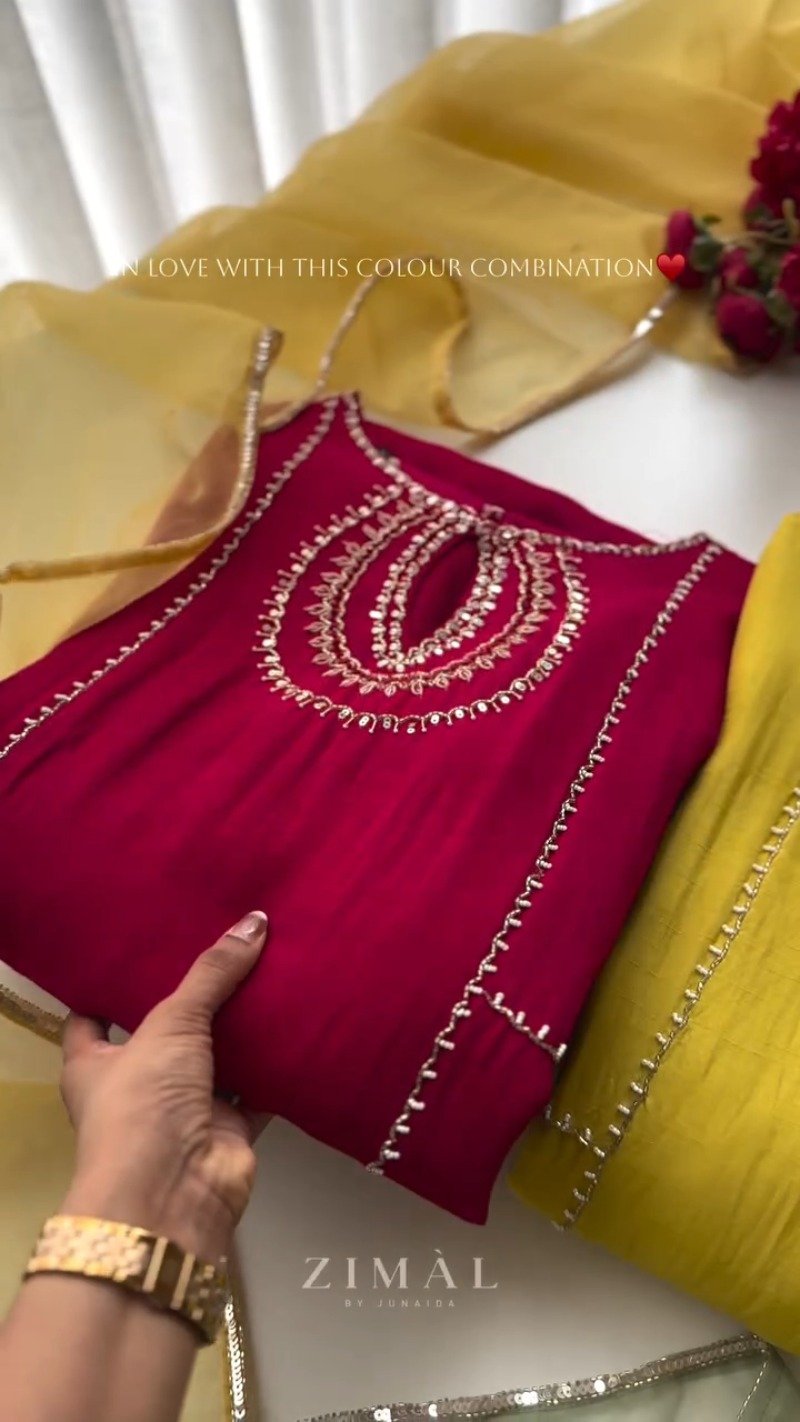 Zimal Luxe Hand-Embellished Embroidered Kurta Set – Available in Vibrant Fuchsia & Sunshine Yellow