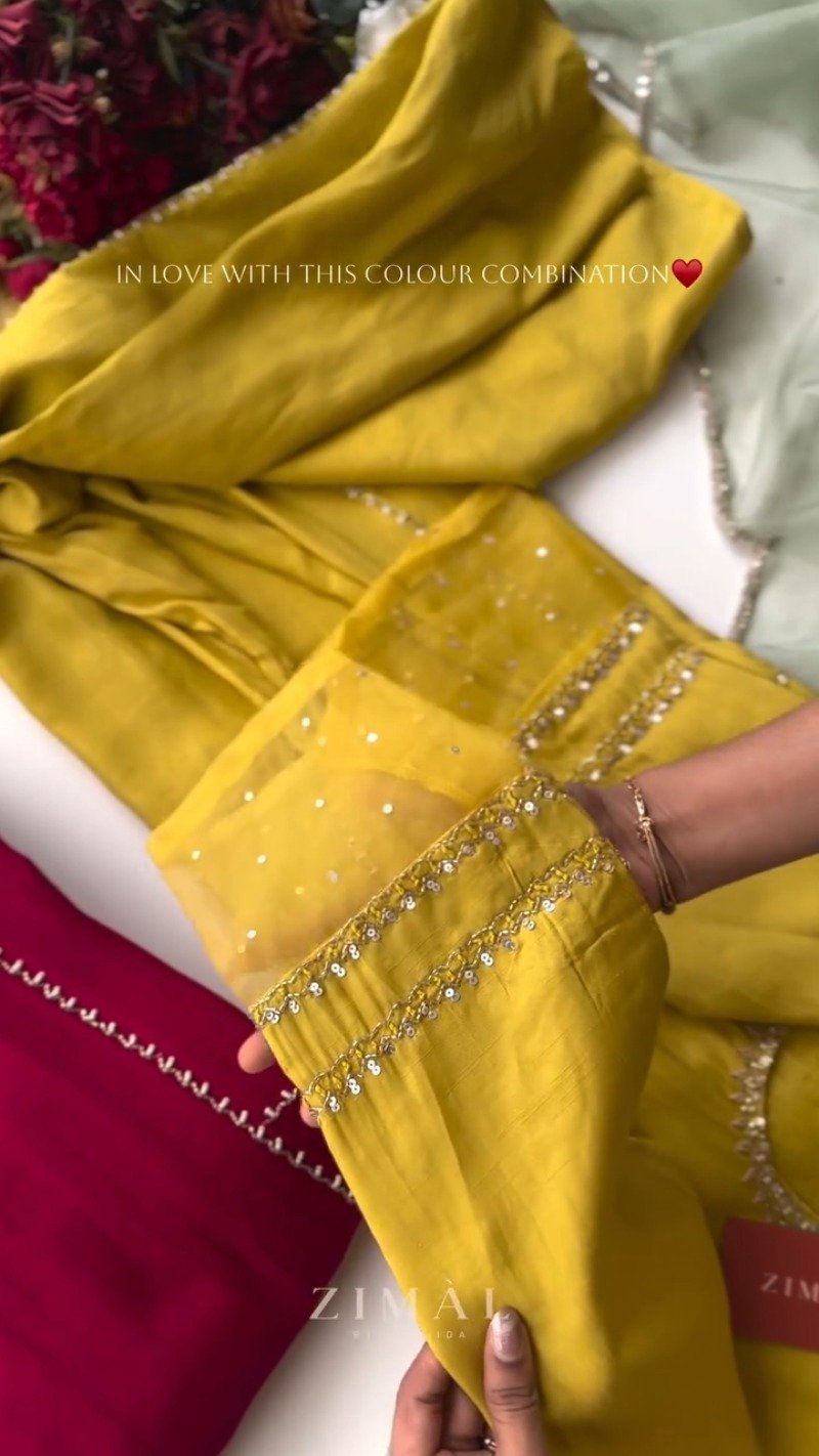 Zimal Luxe Hand-Embellished Embroidered Kurta Set – Available in Vibrant Fuchsia & Sunshine Yellow