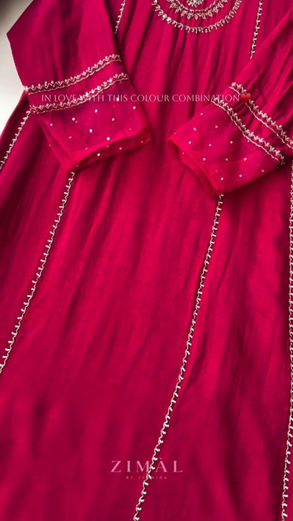 Zimal Luxe Hand-Embellished Embroidered Kurta Set – Available in Vibrant Fuchsia & Sunshine Yellow