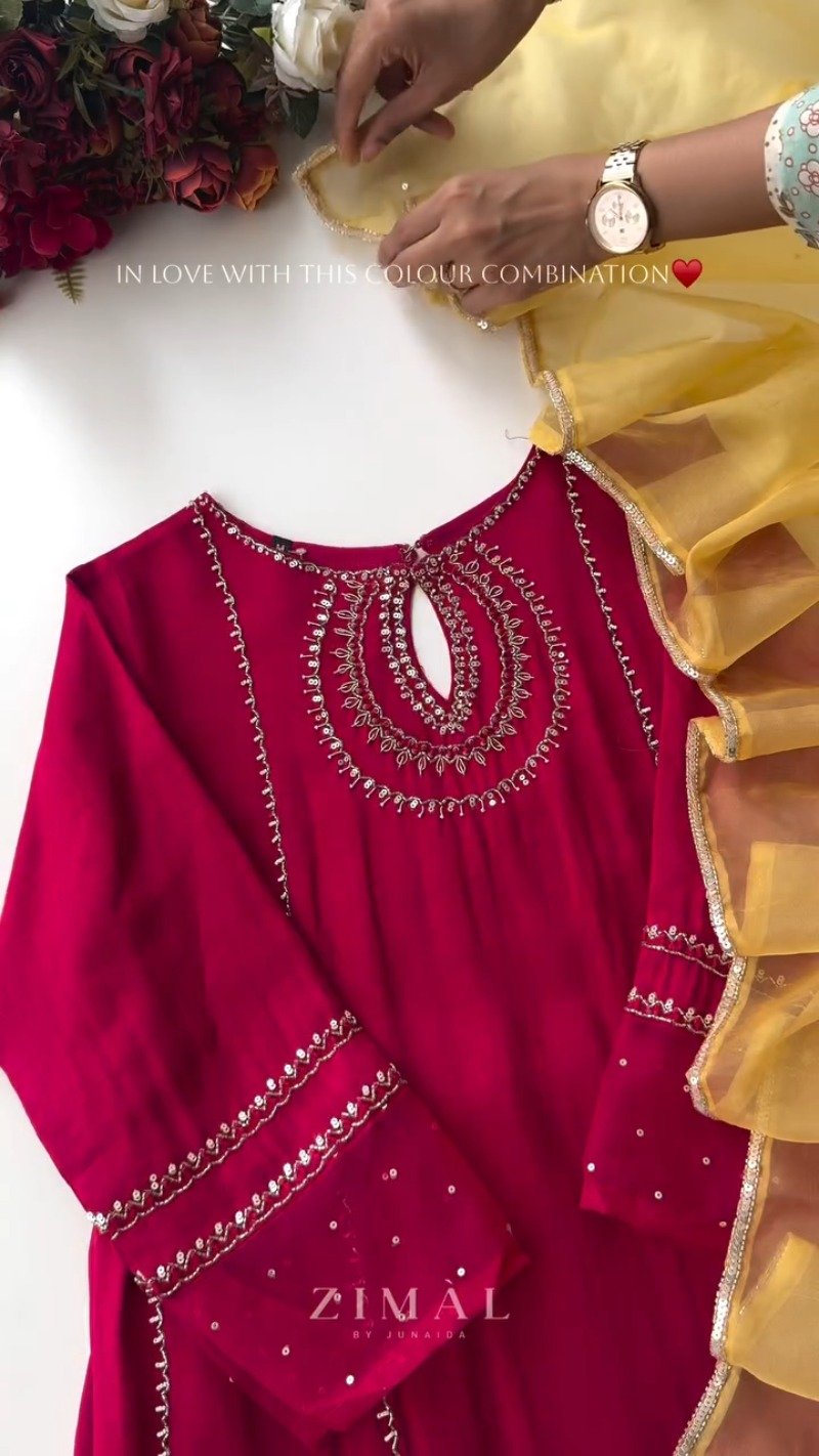 Zimal Luxe Hand-Embellished Embroidered Kurta Set – Available in Vibrant Fuchsia & Sunshine Yellow