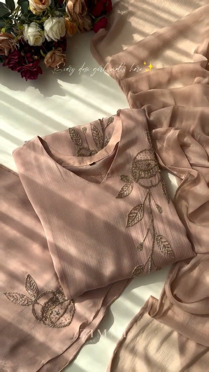 Dusty Rose Embellished Pleated Kurta Set – A Timeless Ensemble for Elegant Soirees