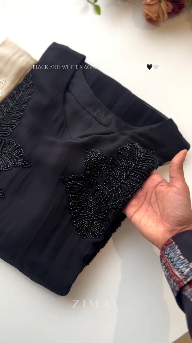 Ethereal Bead-Embellished Minimalist Kurta Set – Available in Midnight Black & Champagne Ivory