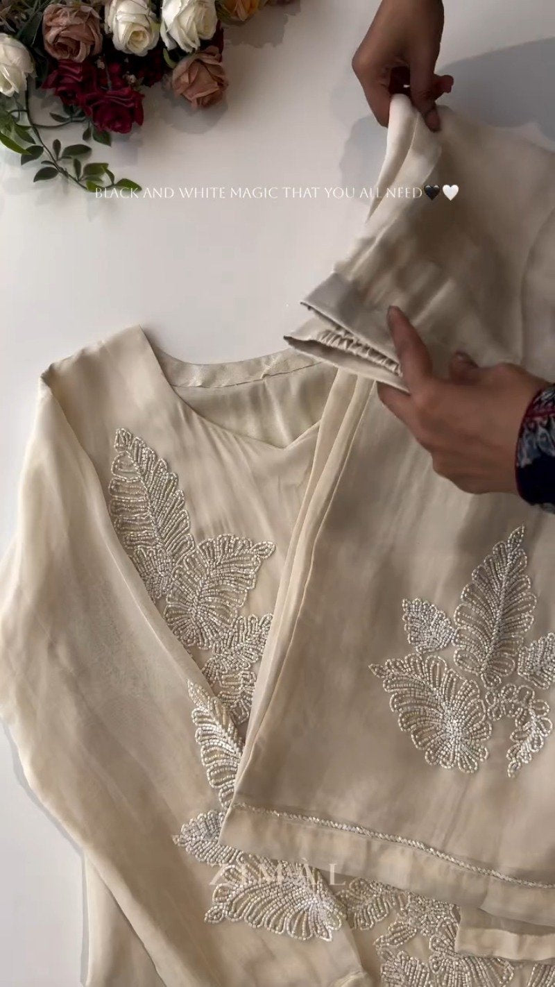 Ethereal Bead-Embellished Minimalist Kurta Set – Available in Midnight Black & Champagne Ivory