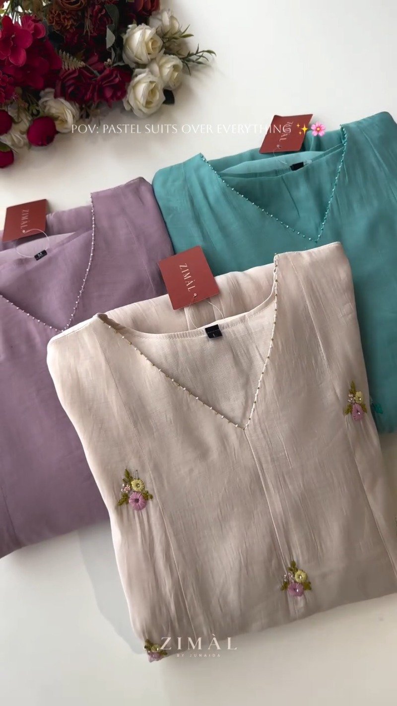 Ethereal Pastel Embroidered Kurta Set – Available in Creamy Beige, Serene Teal & Dusty Mauve