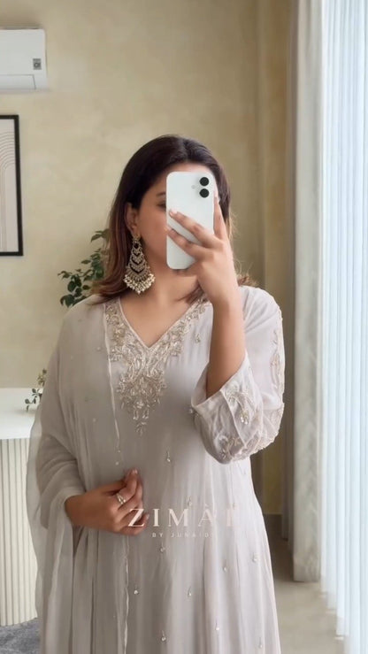 Ethereal Ivory Embroidered Chiffon Kurta Set with Scalloped Dupatta