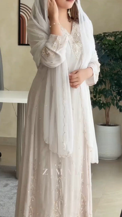 Ethereal Ivory Embroidered Chiffon Kurta Set with Scalloped Dupatta