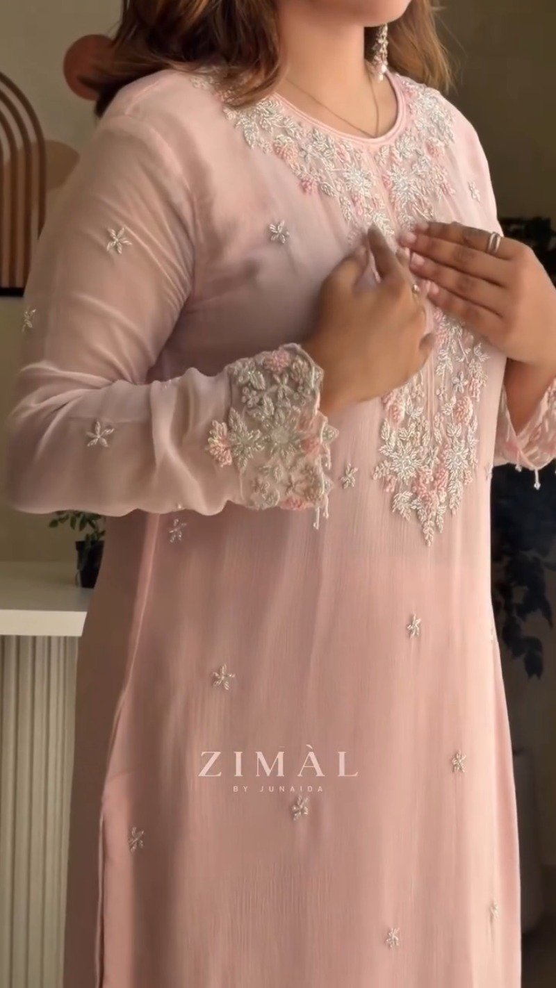 Blush Pink Embroidered Chiffon Kurta Set with Dupatta