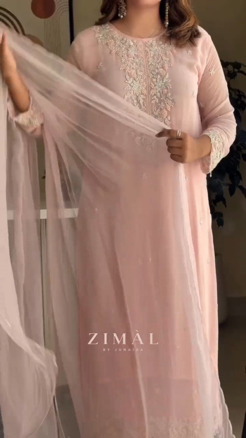 Blush Pink Embroidered Chiffon Kurta Set with Dupatta