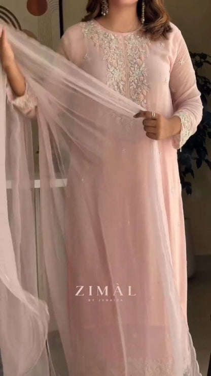 Blush Pink Embroidered Chiffon Kurta Set with Dupatta