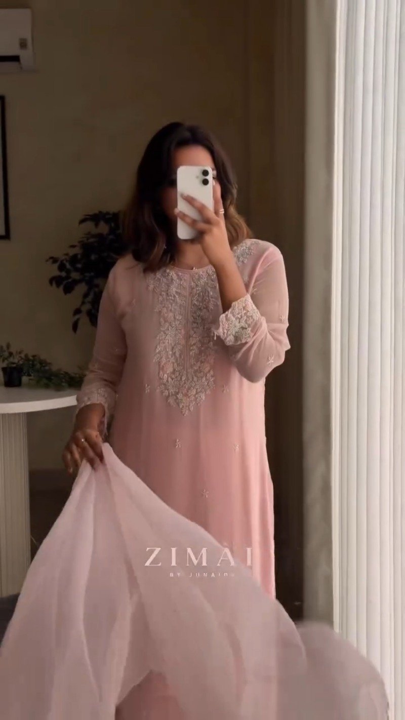 Blush Pink Embroidered Chiffon Kurta Set with Dupatta