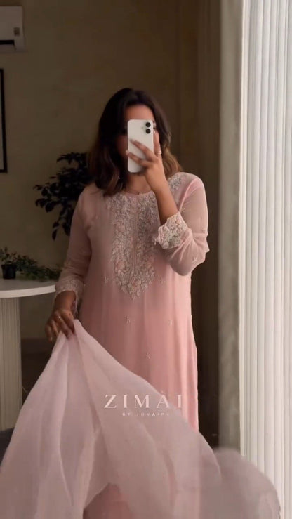 Blush Pink Embroidered Chiffon Kurta Set with Dupatta
