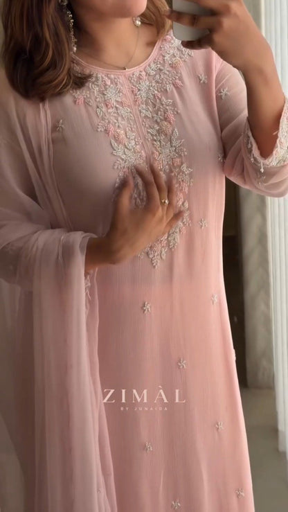Blush Pink Embroidered Chiffon Kurta Set with Dupatta