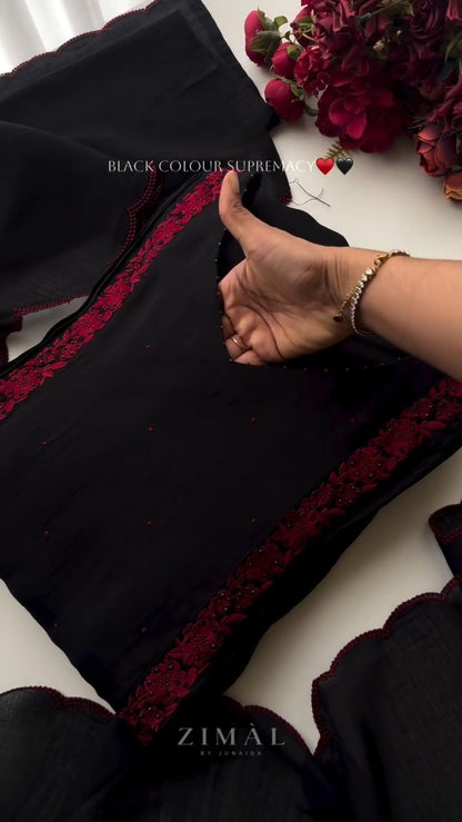 Midnight Noir Embroidered Kurta Set with Scalloped Dupatta