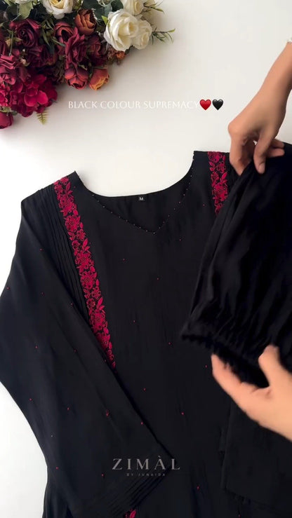 Midnight Noir Embroidered Kurta Set with Scalloped Dupatta