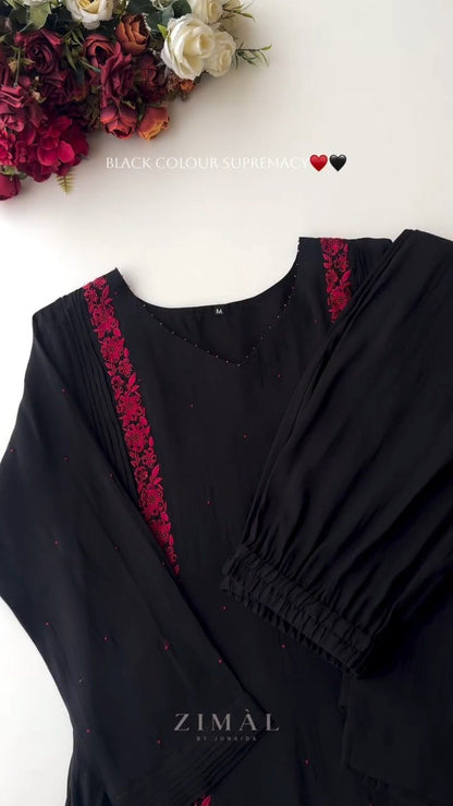 Midnight Noir Embroidered Kurta Set with Scalloped Dupatta