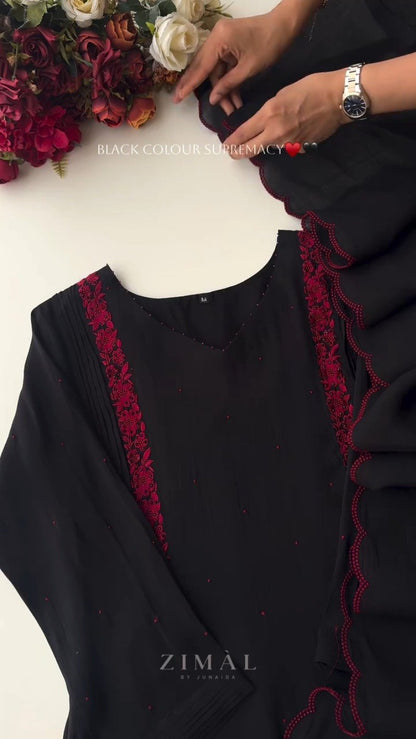Midnight Noir Embroidered Kurta Set with Scalloped Dupatta