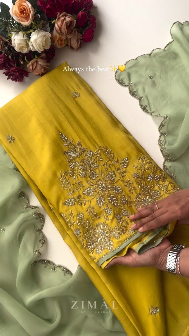 Sun-Kissed Mustard Raw Silk Kurta Set with Scalloped Sage Dupatta