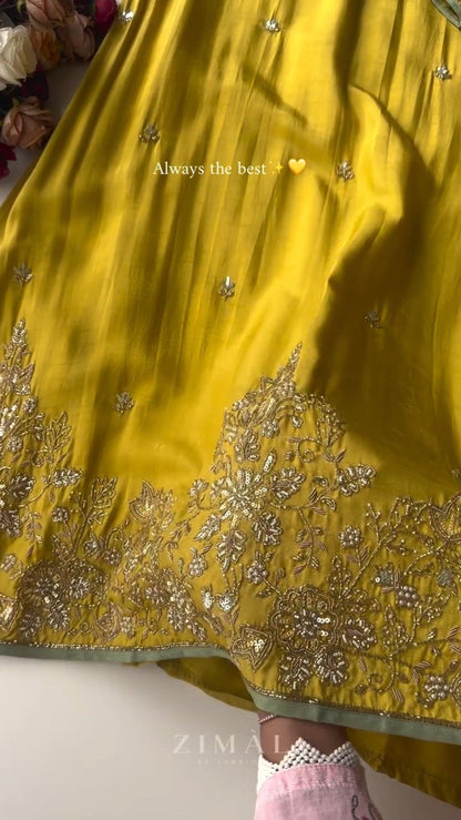 Sun-Kissed Mustard Raw Silk Kurta Set with Scalloped Sage Dupatta