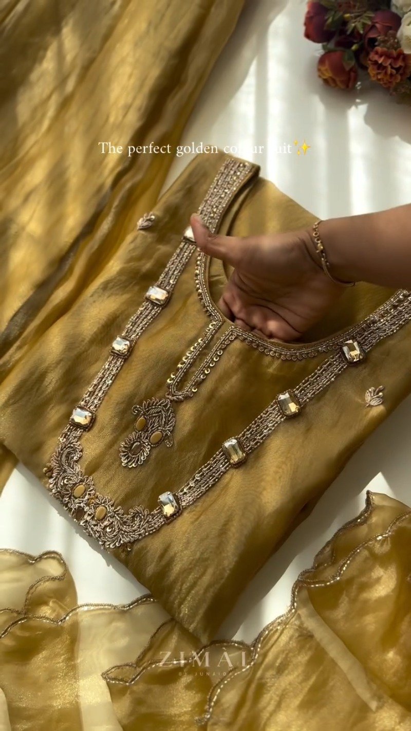 Opulent Golden Organza Embellished Kurta Set with Crystal Detailing
