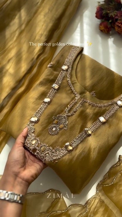 Opulent Golden Organza Embellished Kurta Set with Crystal Detailing