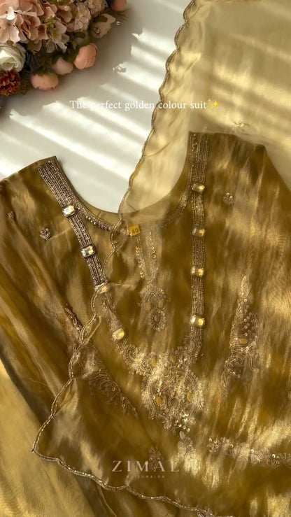 Opulent Golden Organza Embellished Kurta Set with Crystal Detailing