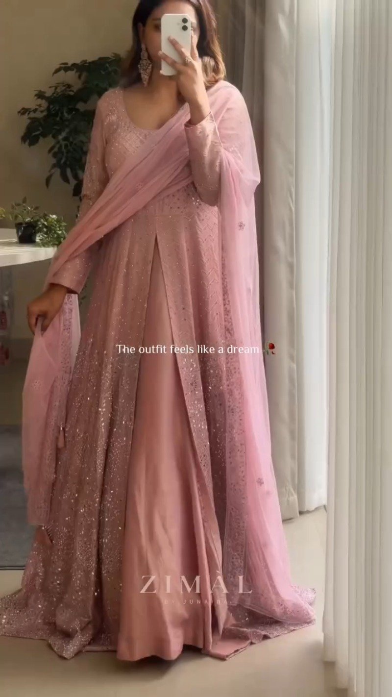 Dusty Rose Embellished Front-Slit Anarkali Set
