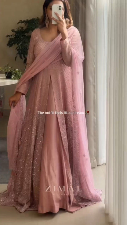 Dusty Rose Embellished Front-Slit Anarkali Set