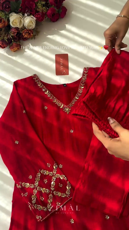 Ravishing Crimson Hand-Embellished Straight Kurta Set