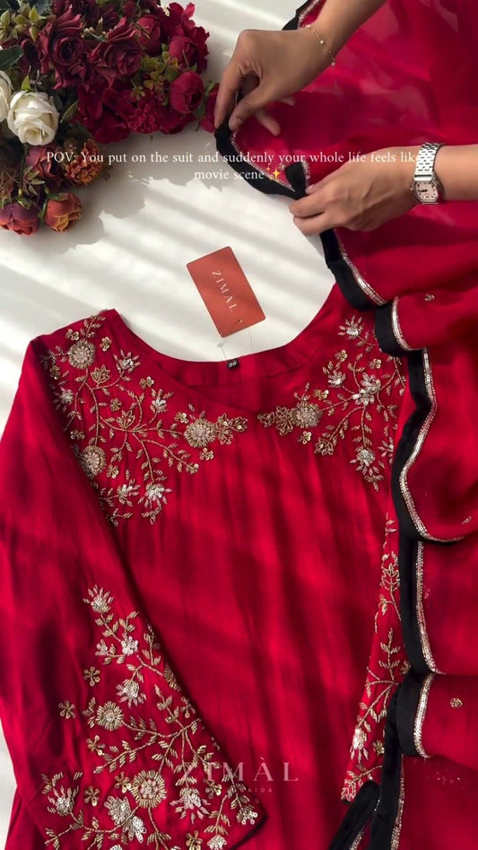 Crimson Bloom Embroidered Kurta Set with Scalloped Dupatta