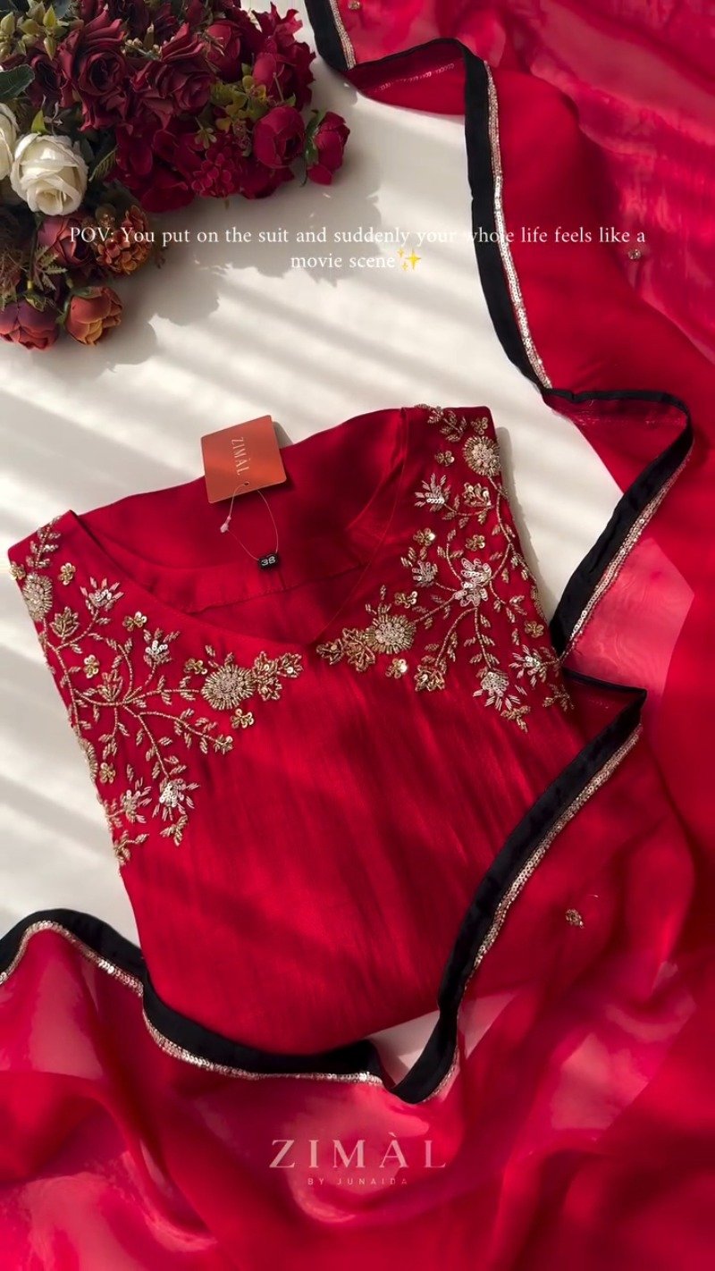 Crimson Bloom Embroidered Kurta Set with Scalloped Dupatta