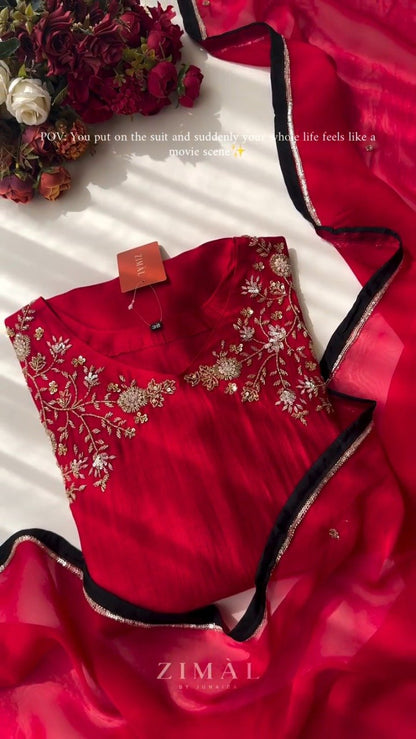 Crimson Bloom Embroidered Kurta Set with Scalloped Dupatta