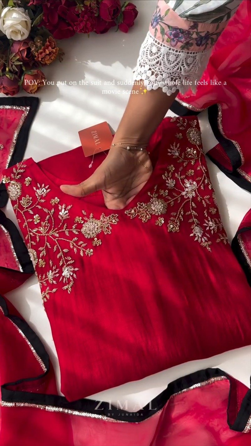 Crimson Bloom Embroidered Kurta Set with Scalloped Dupatta