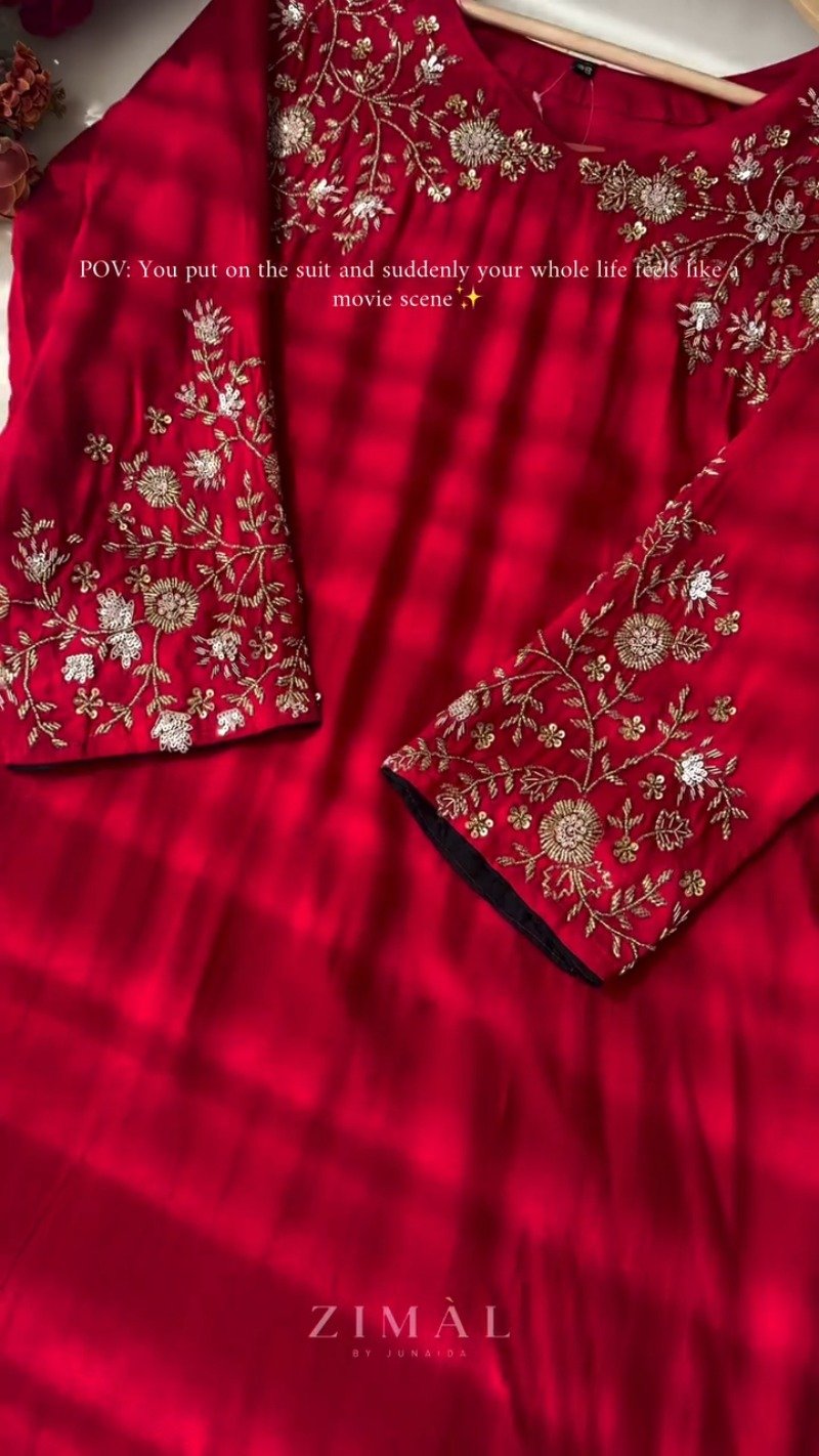 Crimson Bloom Embroidered Kurta Set with Scalloped Dupatta