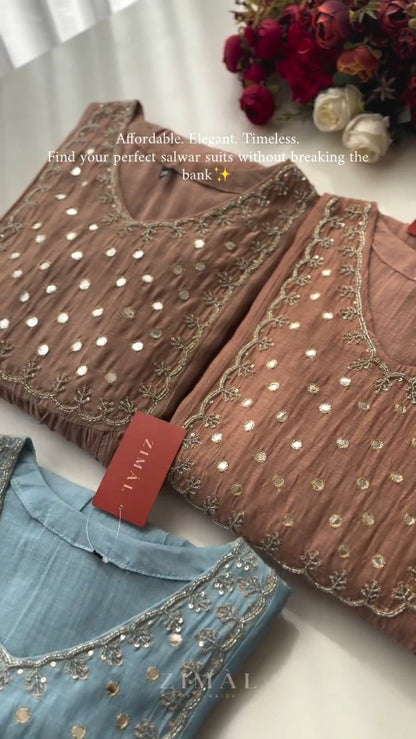 Ethereal Mirror-Work Embroidered Anarkali Kurta Set – Available in Dusty Rose & Powder Blue