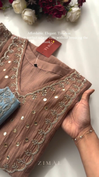 Ethereal Mirror-Work Embroidered Anarkali Kurta Set – Available in Dusty Rose & Powder Blue