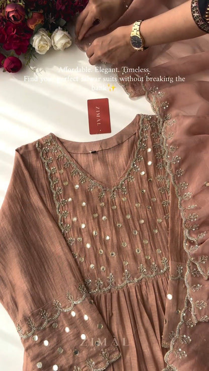 Ethereal Mirror-Work Embroidered Anarkali Kurta Set – Available in Dusty Rose & Powder Blue