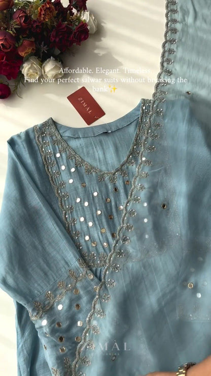 Ethereal Mirror-Work Embroidered Anarkali Kurta Set – Available in Dusty Rose & Powder Blue