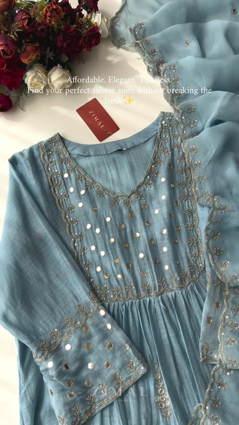 Ethereal Mirror-Work Embroidered Anarkali Kurta Set – Available in Dusty Rose & Powder Blue