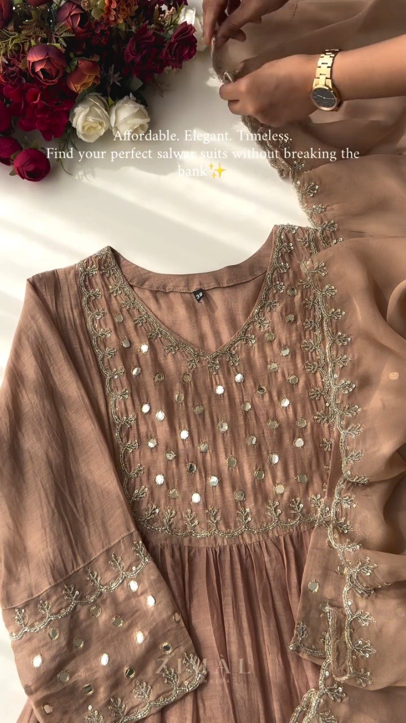 Ethereal Mirror-Work Embroidered Anarkali Kurta Set – Available in Dusty Rose & Powder Blue