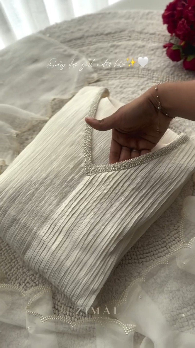 Ethereal Pearl-Embellished Ivory Pleated Co-Ord Set